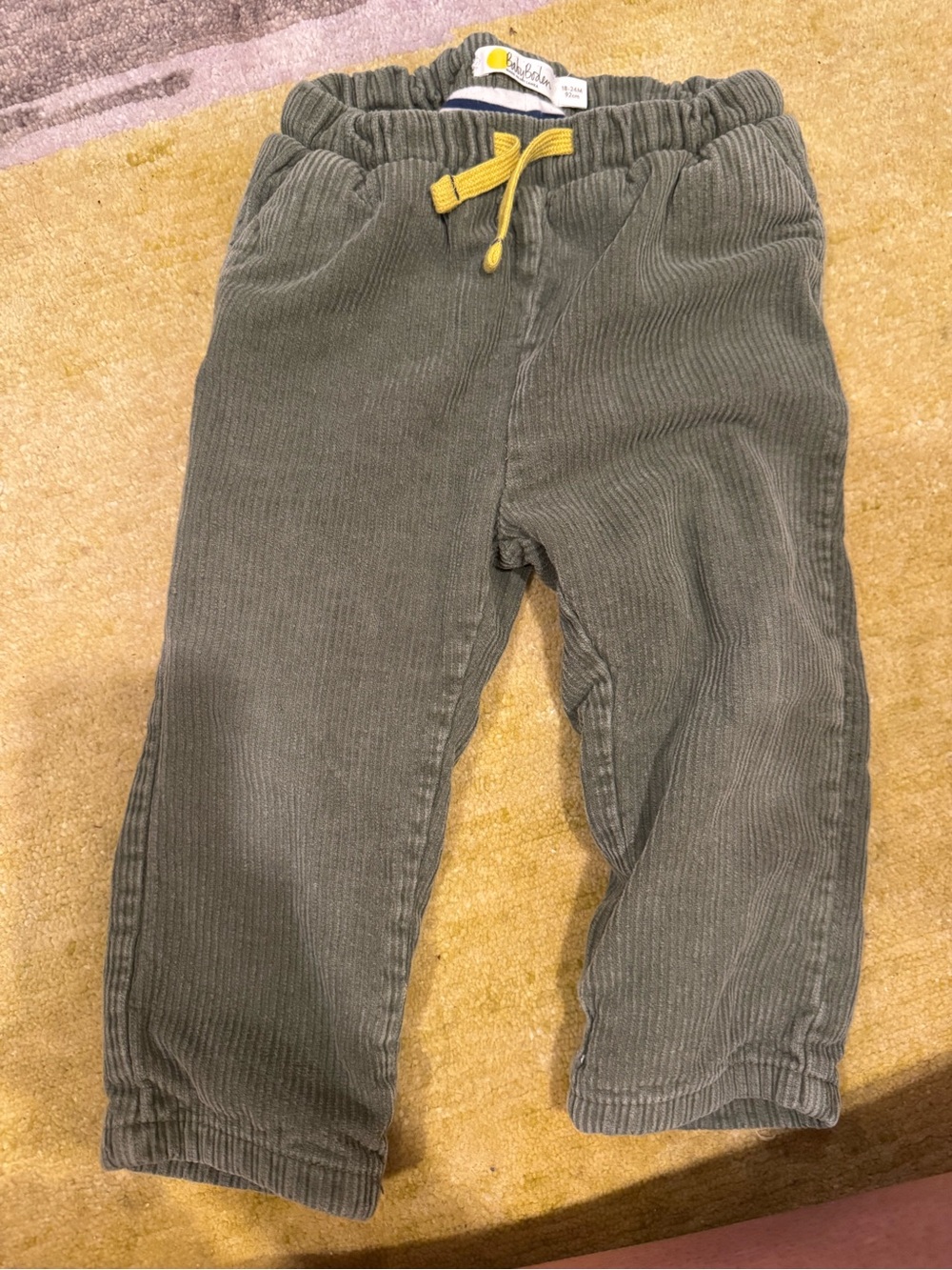 Baby Boden Gray Corduroy Joggers with Yellow Drawstring